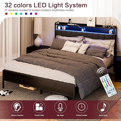 Miniatura 7 de SUNLEI Base de cama Queen con luz LED, plataforma de metal con puerto de carga y cabecera de almacenamiento de tela de lino, listones de metal
