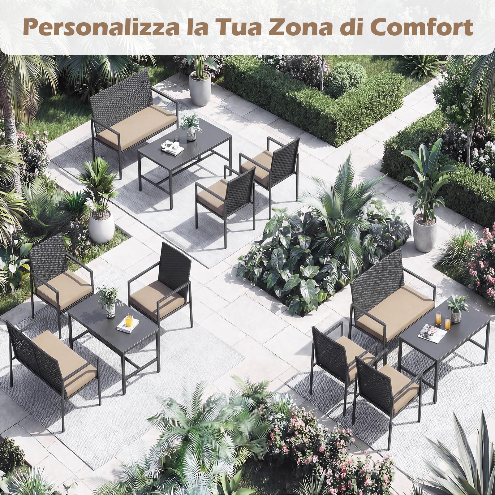 COSTWAY Set di Salotto da Giardino a 4 Pezzi, Poltrone e Divano per Esterno in Rattan con Tavolino da Caffè in Vetro Temperato e Cuscini Morbidi, Set di Conversazione per Cortile e Balcone (Giallo)