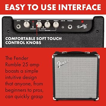 Fender Rumble 25 V3 Bass Guitar Amplifier Combo, 25 Watt with 8 Speaker, | Switchable Overdrive, Mid-Scoop Contour, Aux In and Headphone Out
