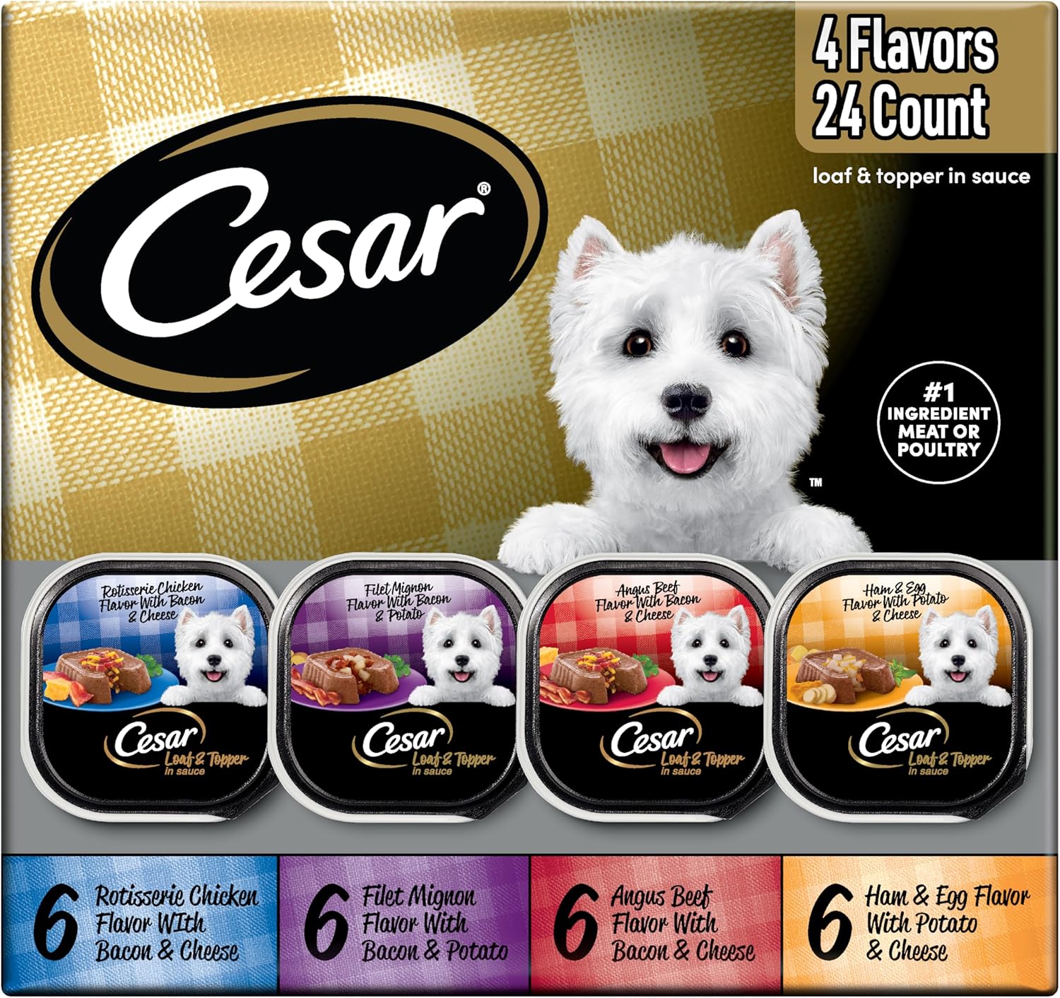 Cesar Loaf in Sauce Wet Dog Food Rotisserie Chicken, Filet Mignon, Angus Beef, and Ham & Egg Flavors Variety Pack, Wet Food for Dogs, 3.5 oz Easy Peel Trays, 24 Count