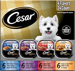 Cesar Loaf in Sauce Wet Dog Food Variety Pack: Rotisserie Chicken, Filet Mignon, Angus Beef, Ham & Egg, 24x3.5oz Easy Peel Trays
