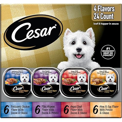 Cesar Loaf in Sauce Wet Dog Food Rotisserie Chicken, Filet Mignon, Angus Beef, and Ham & Egg Flavors Variety Pack, Wet Food for Dogs, 3.5 oz Easy Peel Trays, 24 Count