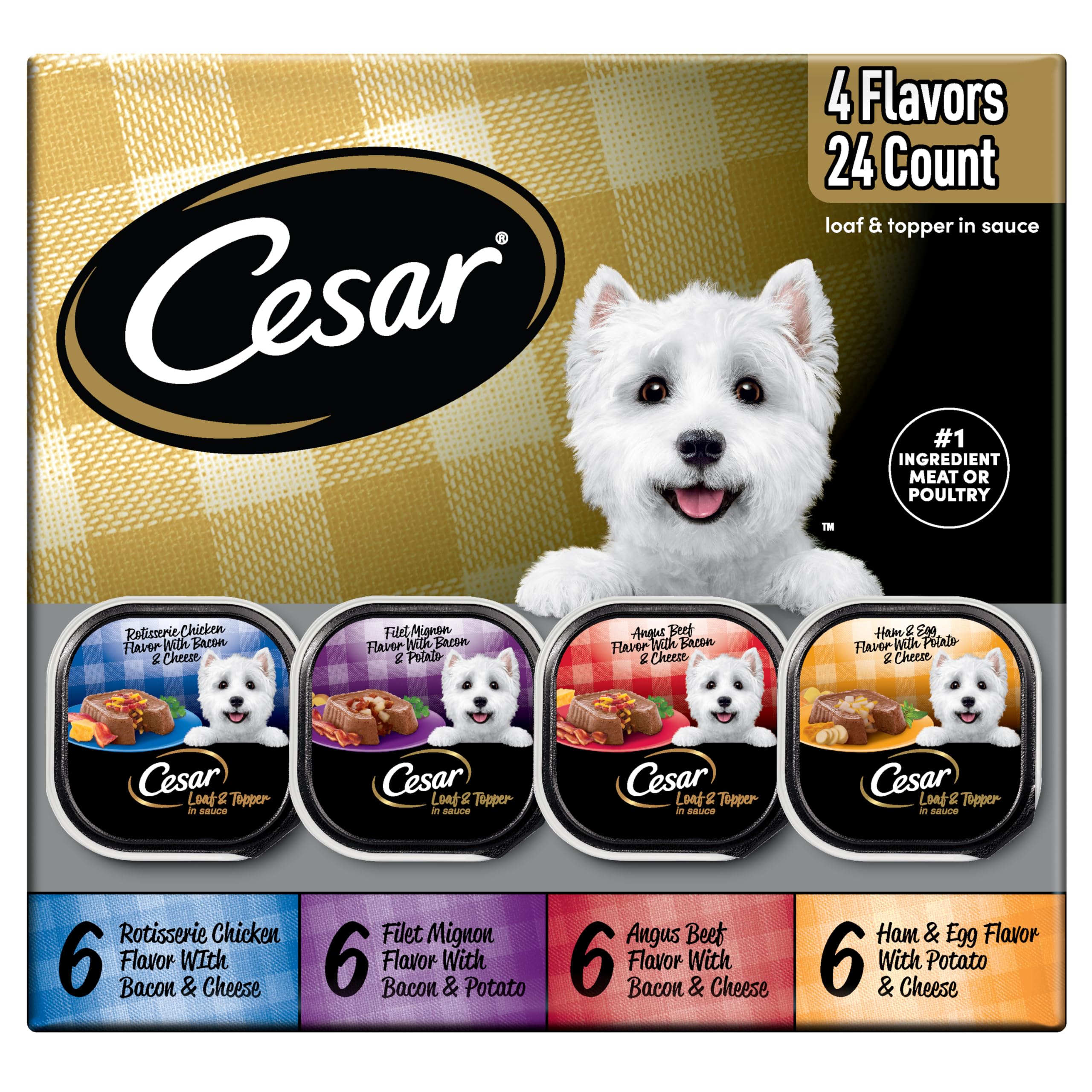 Cesar Loaf in Sauce Wet Dog Food Rotisserie Chicken, Filet Mignon, Angus Beef, and Ham & Egg Flavors Variety Pack, Wet Food for Dogs, 3.5 oz Easy Peel Trays, 24 Count