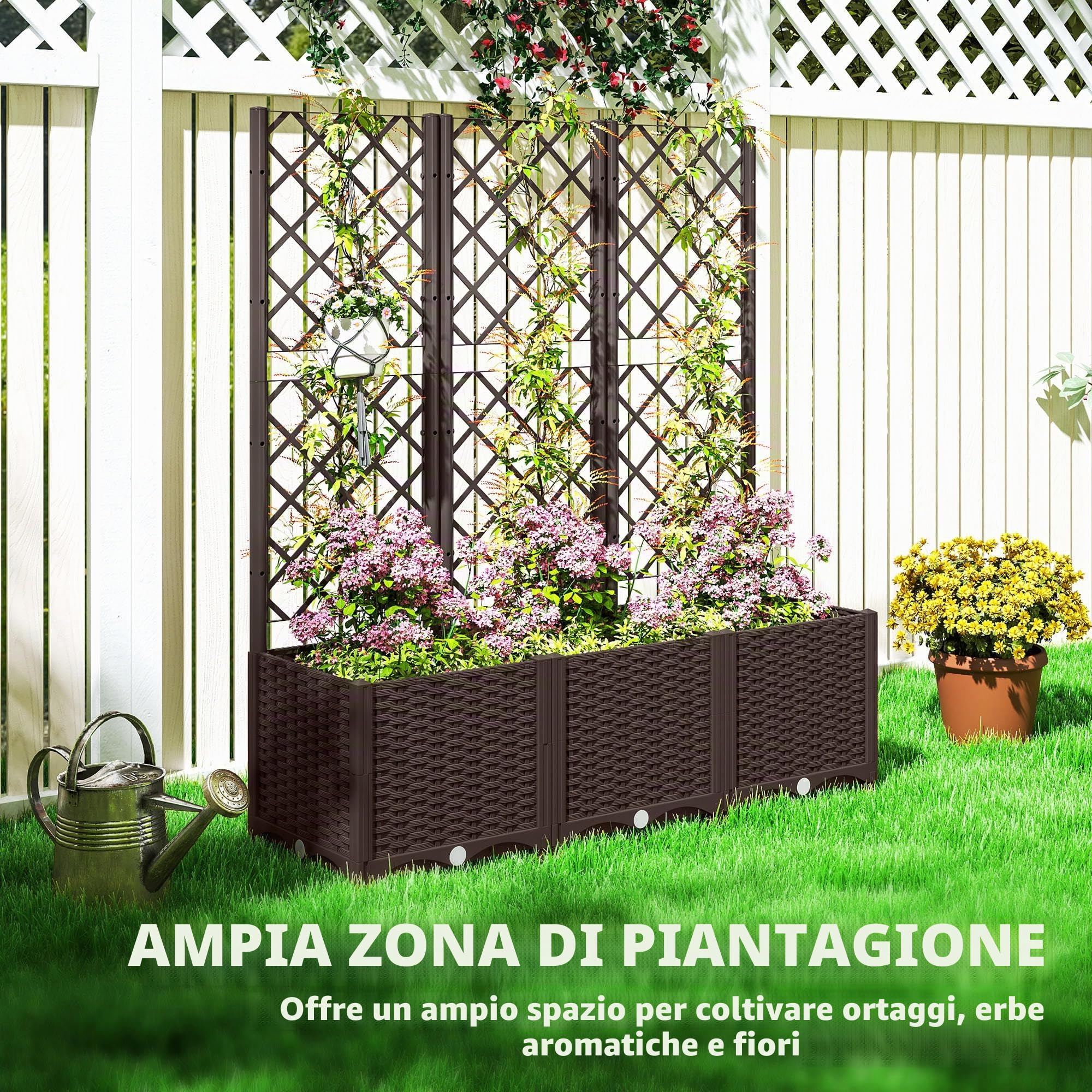 Outsunny Fioriera rialzata con traliccio 120x40x135 cm Marrone | Fioriera da esterno, 6 fori di drenaggio, serbatoi d'acqua, cassetta per fiori per balcone terrazza patio