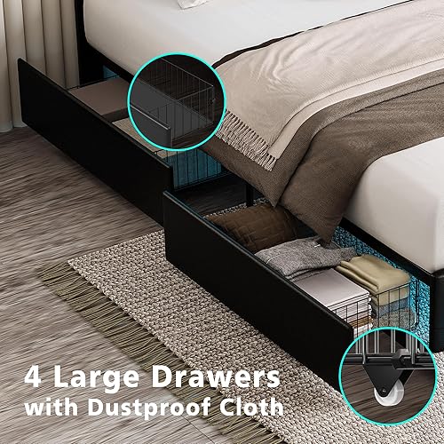 Miniatura 5 de LIKIMIO Base de cama Queen con luces LED y 4 cajones de almacenamiento, base de cama tapizada tamaño Queen con botón de cristal ajustable, cabecera