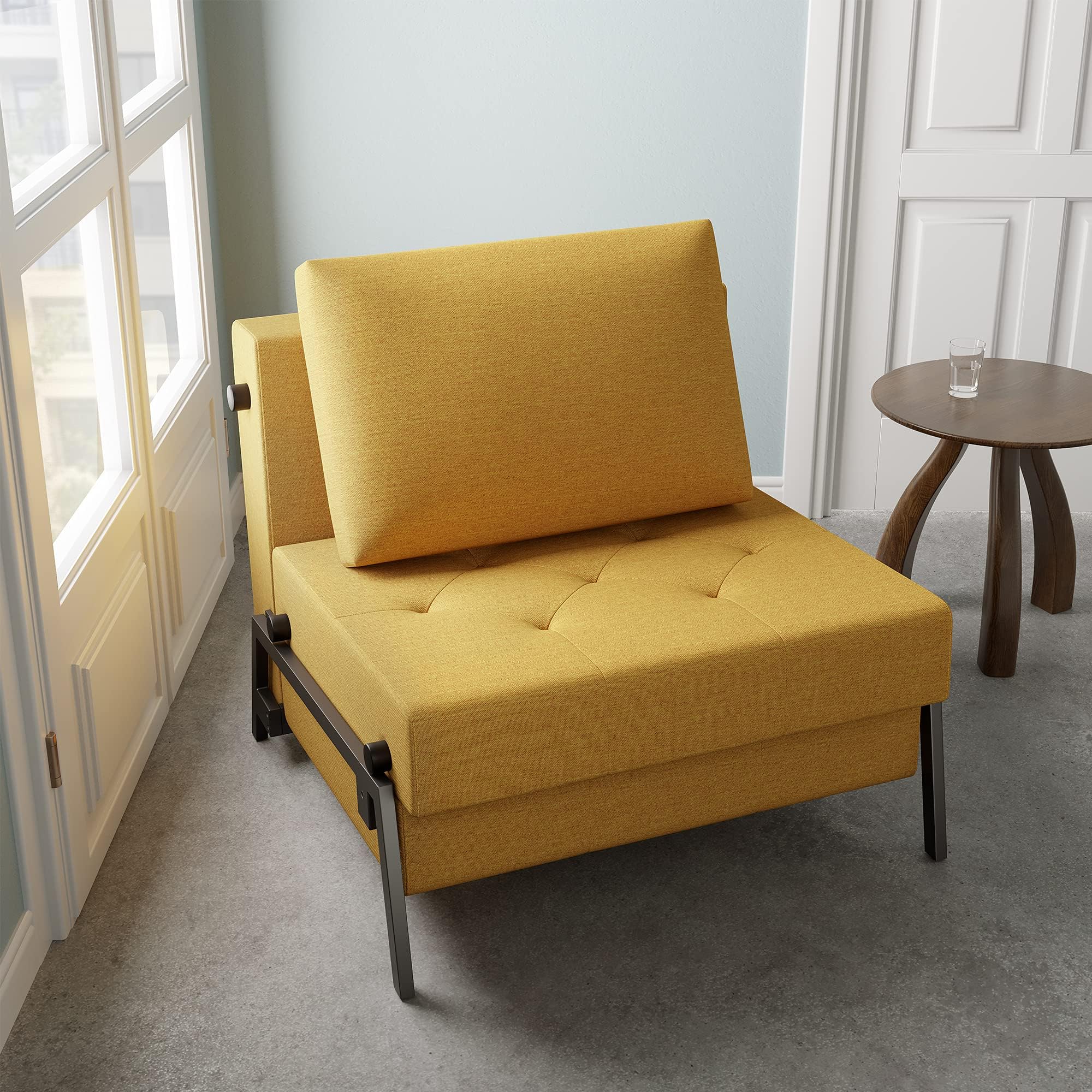 Serweet Sofa Bed, 2 in 1 Multifunction Convertible Sofa Chair, Breathable Linen Fabric & Sturdy Metal Frame Futon Sleeper Bed for Living Room, Office, Dorm, Apartment, Easy Assembly (Bright Yellow)
