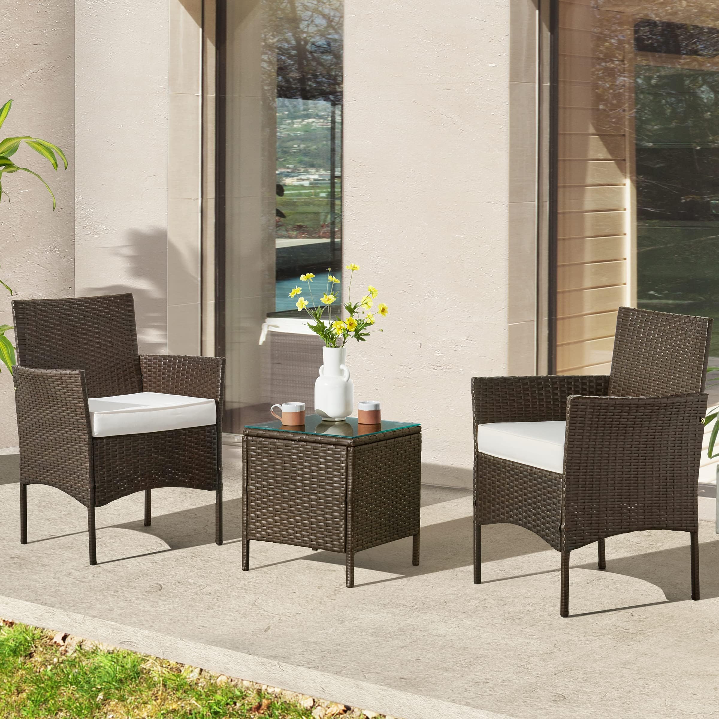 Lavish Home80-OUTD-WK-CUSHCHTBL (Brown) Outdoor Patio Set – 3-Piece Rattan Seating Combo with 2 Cushioned Chairs and Table for Deck or Front Porch Furniture