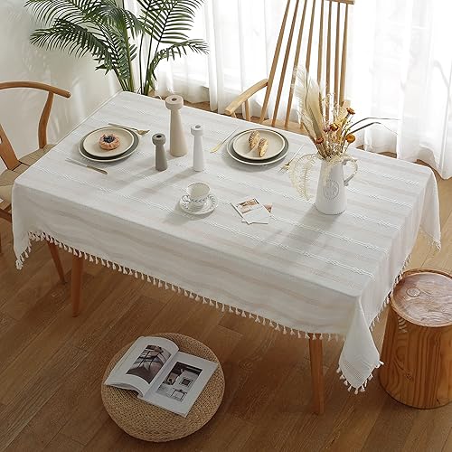 Miniatura 2 de Gernaice Mantel bordado de rayas rústicas con borlas cuadradas pesadas y de lino de algodón, sin arrugas, lavable, para cocina, comedor, fiesta,