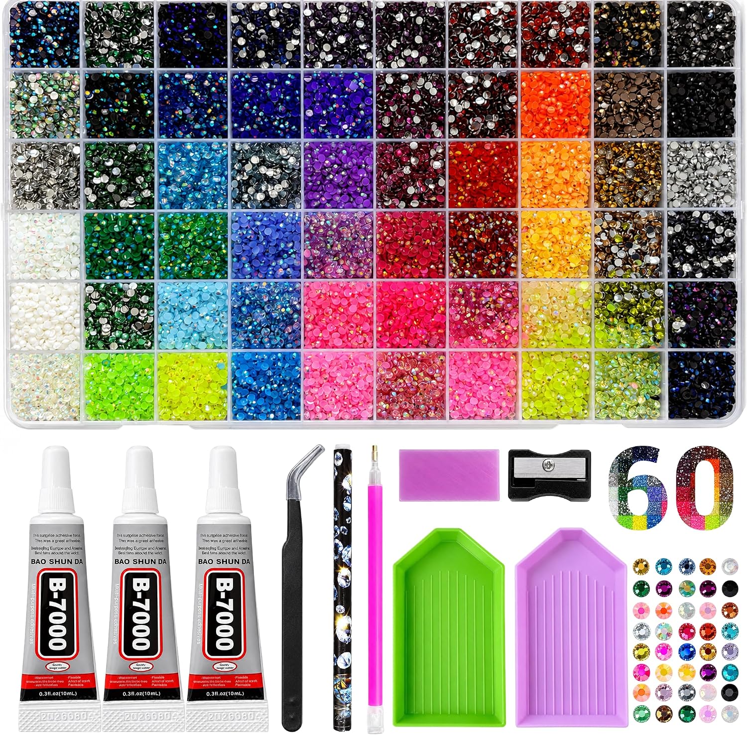 48000Pcs Bedazzling Kit - 60 Colors 3mm Resin Jelly Rhinestones - Diamond Art, Multicolor Flatback Gems Nail Crafting Makeup, with 3Pcs 10ml Jewelry Glue & Tools - Christmas Birthday Gifts for Women