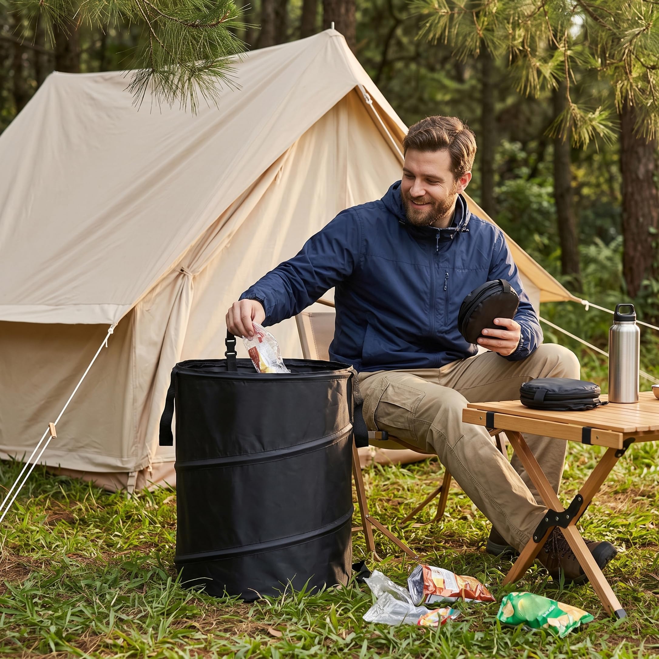 Pattumiera da campeggio, pattumiera pieghevole portatile con chiusura a clip, tessuto Oxford impermeabile per barbecue da picnic all'aperto, spazzatura da campeggio nera