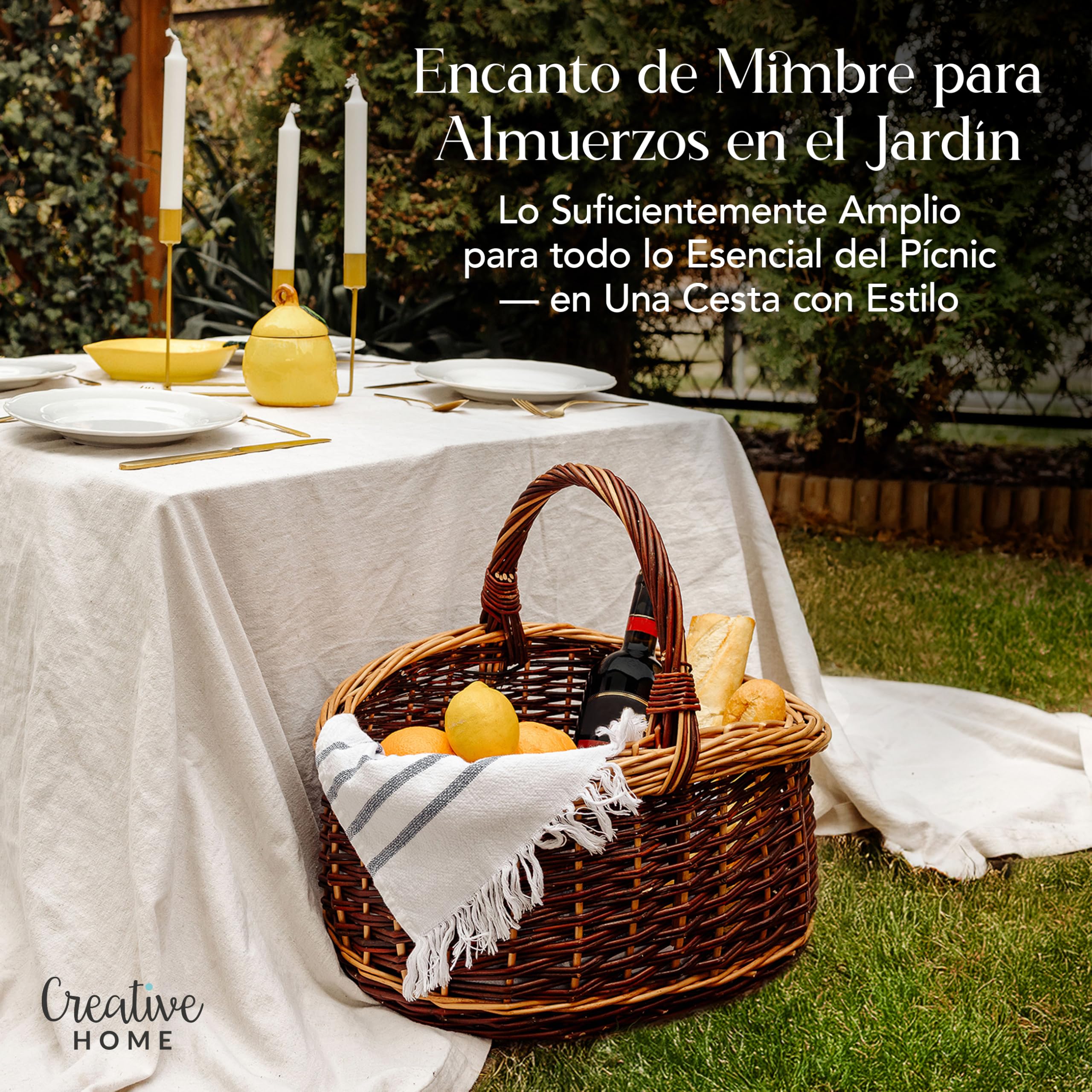 Creative Home Cesta de Mimbre Grande con Asa y Trenza Picnic 43x33x40cm | (+/-1cm) | Ligera | para Setas Compra Regalo Plantas Decoración | Tejida a Mano | Mimbre Claro y Oscuro | Multiuso y Práctica