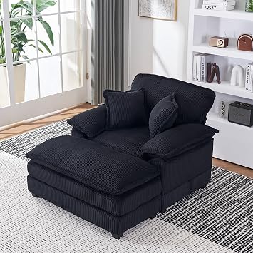 46.9 W Oversized Chair with Ottoman, Corduroy Upholstered Chaise Lounge Chair Indoor Reading Chairs Sofa Couche Oversized Comfy Chairs for Living Room, Bedroom (Corduroy Black)