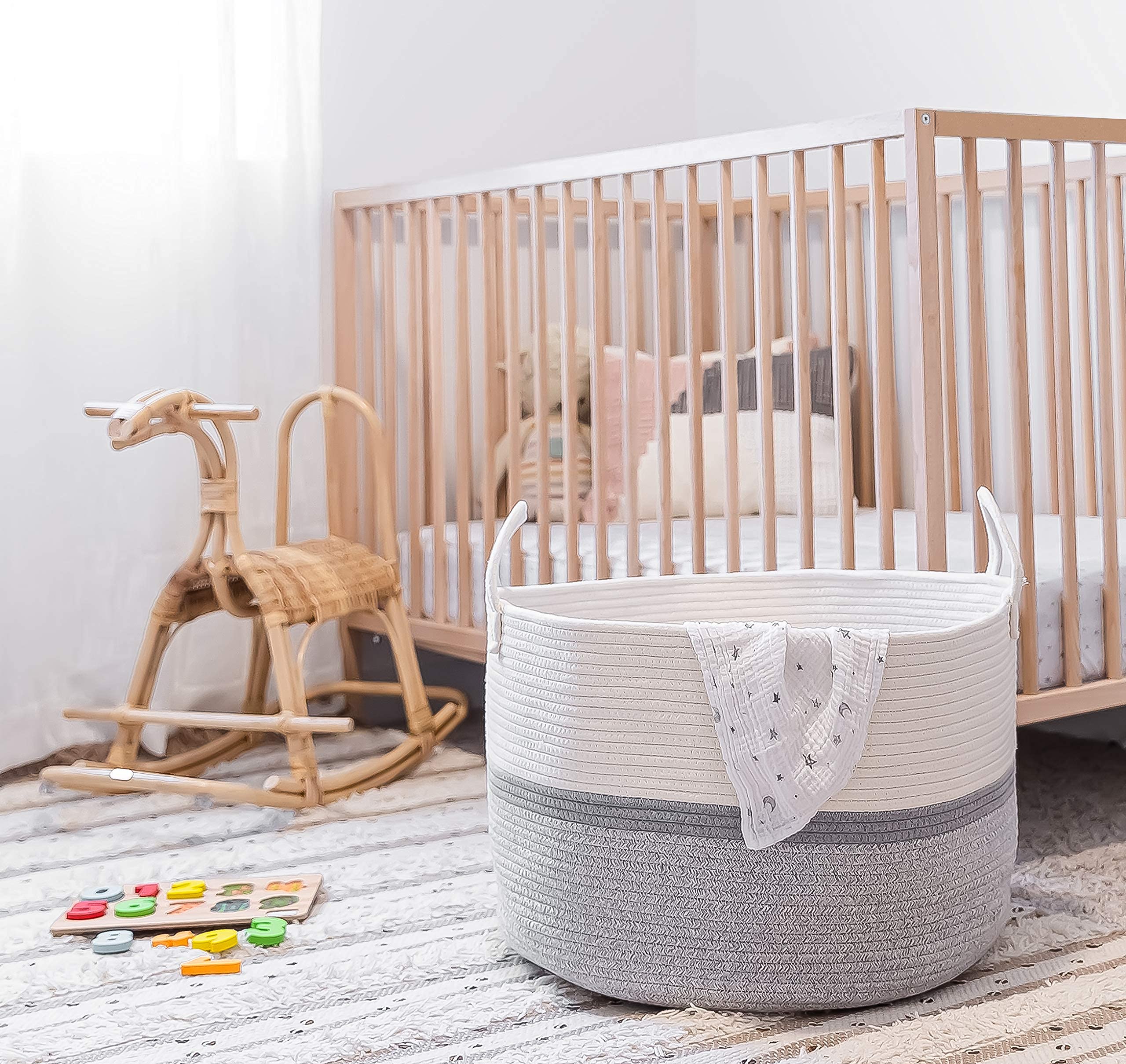 OrganiHaus Gray Extra Large Basket for Storage | Blanket Storage for Living Room | Cute Woven Basket | Baby Laundry Basket & Baby Hamper | Boho Cotton Rope Basket | Toy Basket & Blanket Basket - 20x13 4