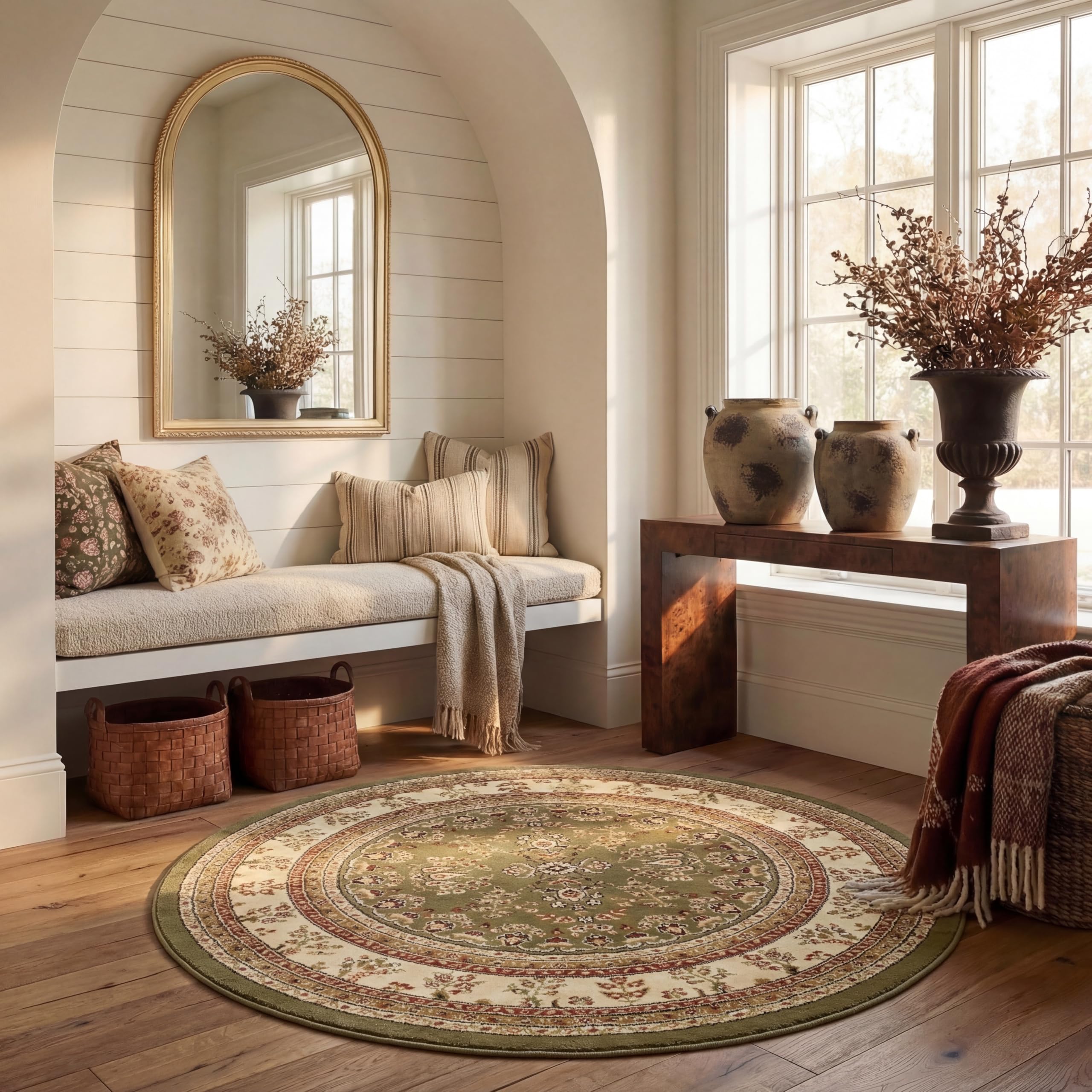 Safavieh Traditional Rug for Living Room, Dining Room, Bedroom - Lyndhurst Collection, Short Pile, in Sage and Ivory, 120 x 120 cm