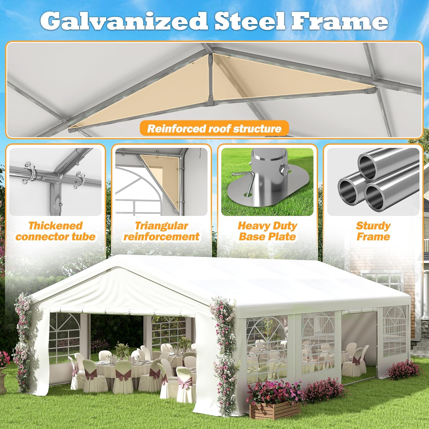 Close-up of galvanized steel frame components including thickened connector tube, triangular reinforcement, heavy duty base plate, and sturdy frame poles.