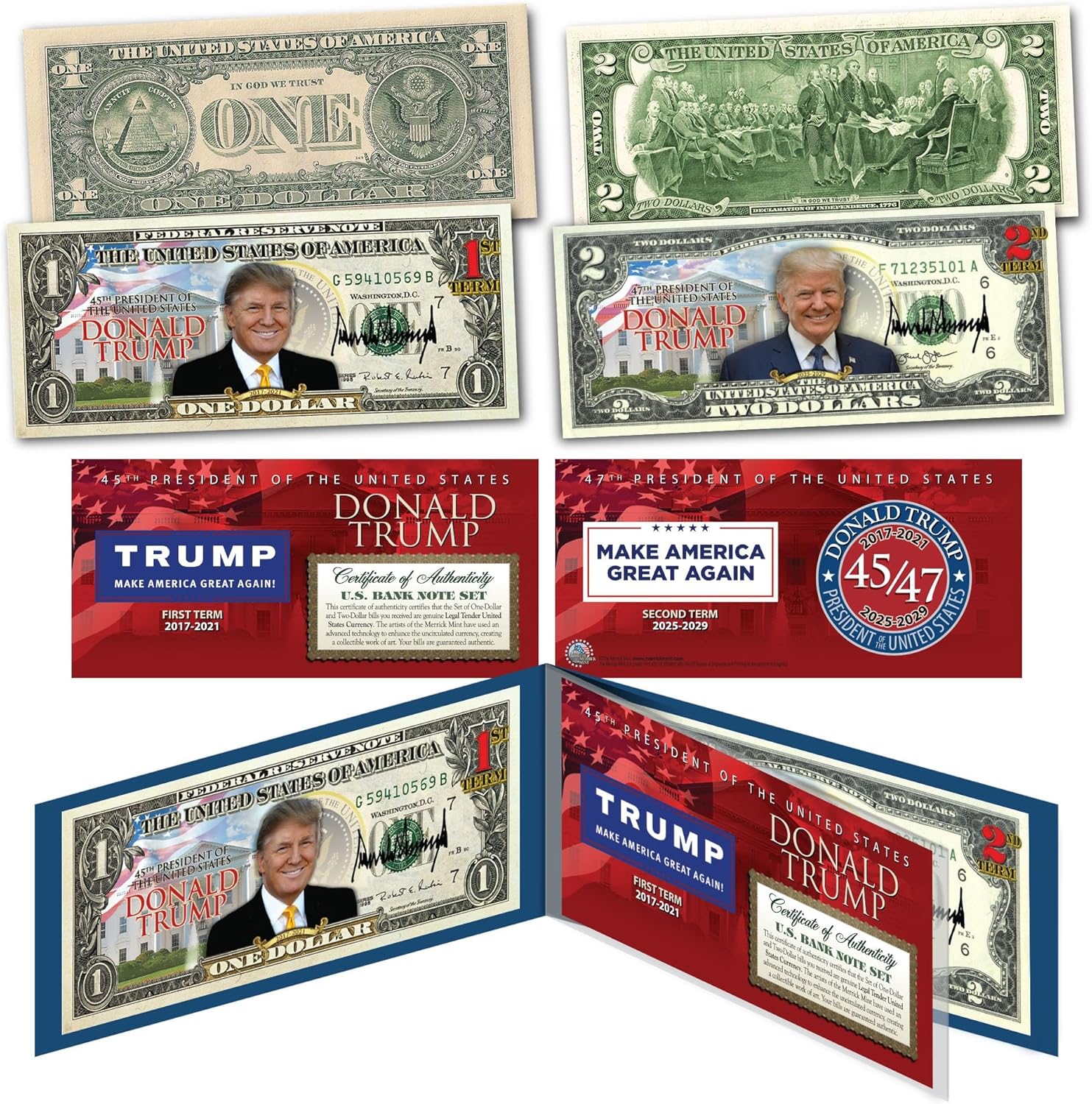Trump Collectors Bill One-Dollar and Two-Dollar Set with Tri-Fold Display and Dual Cert - 45/47 President