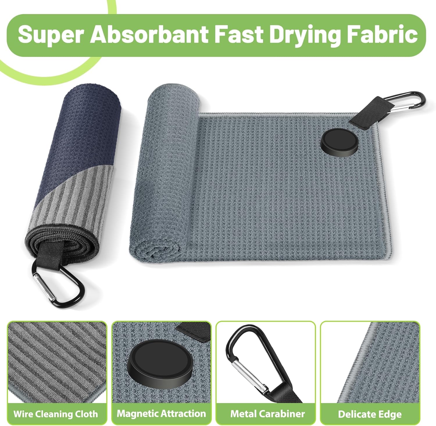 2 Pack Magnetic Golf Towels with Carabiner, Wire Cleaning Cloth, Ultra Absorbent Microfiber, Waffle Pattern Golf Towel with Magnet for Men Women, Golf Accessories for Golf Bags, Carts or Clubs