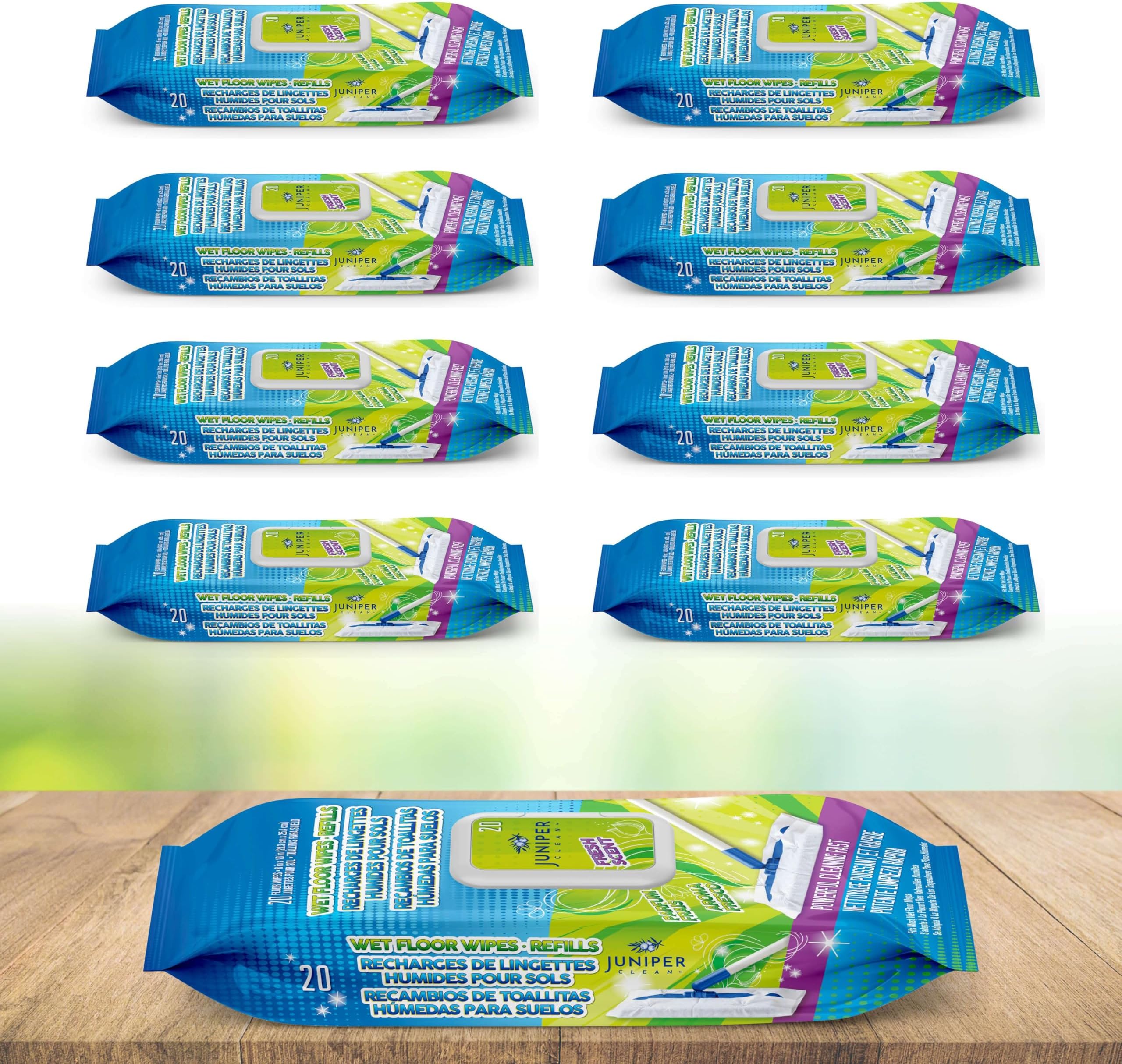 Juniper CLEAN Wet Floor Wipes, Multi Surface Floor Cleaner Wet Mop Pads Fit Swiffer Sweeper Mop, Fresh Scent & Plant-Based Textured Cloth Trap Absorb Dirt, 20 Count (Pack of 8)
