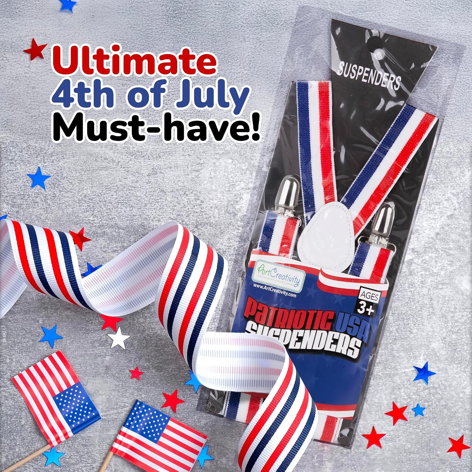 ArtCreativity Patriotic USA Suspenders - 1 Piece - Red, White, and Blue 4th of July Accessories - American Flag for Suspenders for Independence Day Outfit - Uncle Sam Costume Accessories