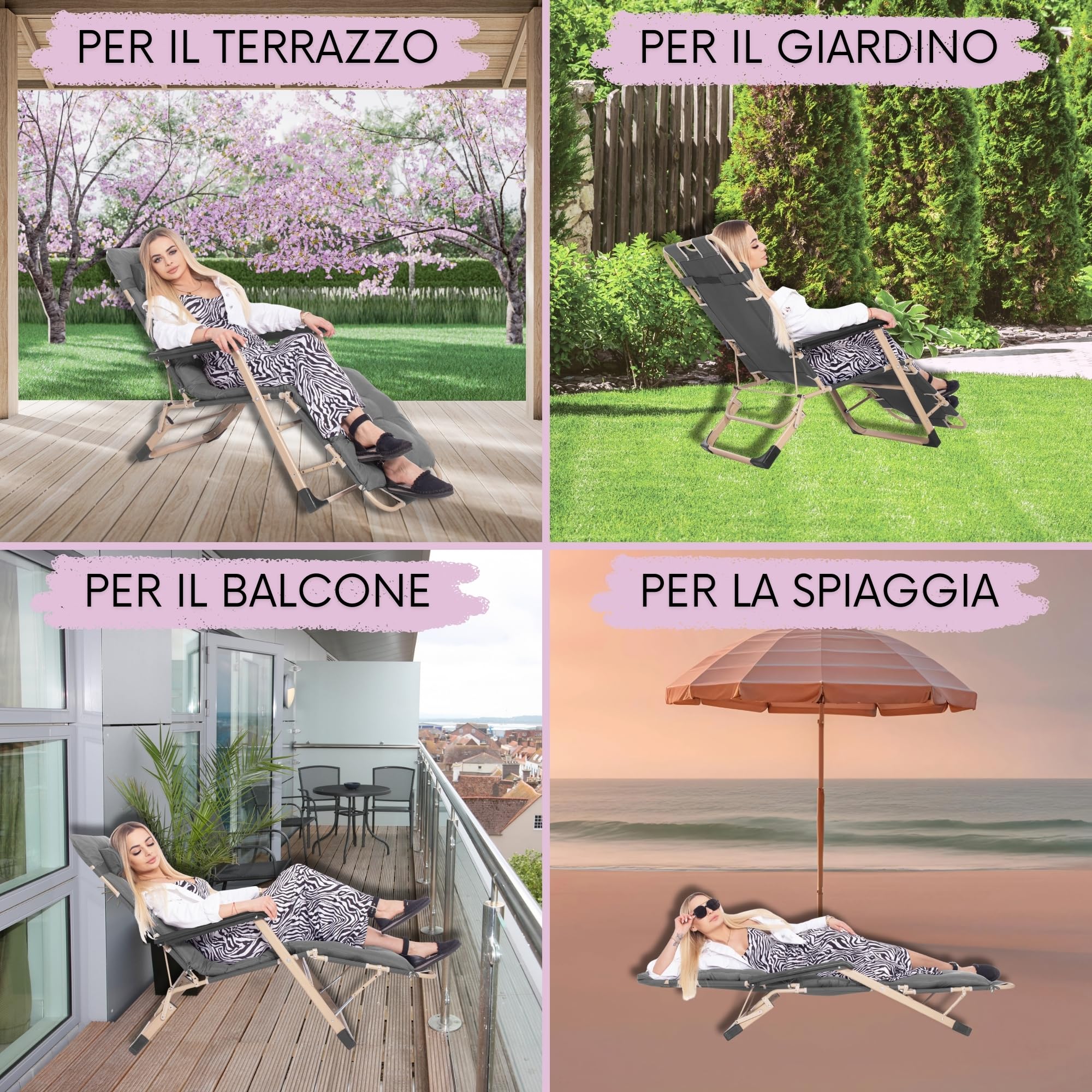 SPRINGOS Lettino da giardino pieghevole con poggiatesta e poggiapiedi, resistente alle intemperie, per giardino, balcone e terrazza, sedia a sdraio regolabile con cuscino e braccioli, 66 x 137 x 92 cm