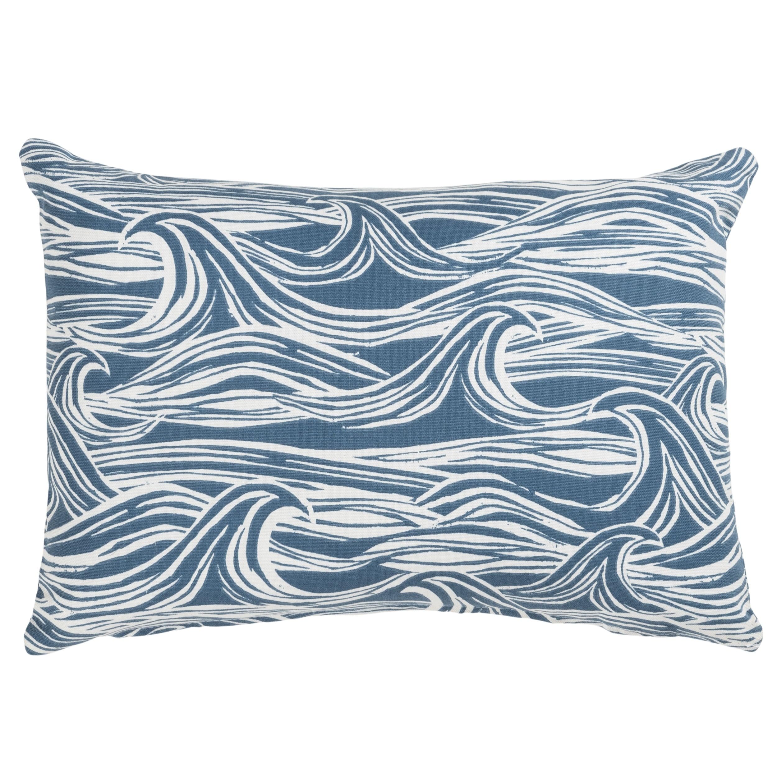 Linen Loft Blue Ocean Waves Boudoir Cushion Cover. Double Sided Nautical Design. 100% Cotton. Navy Indigo Geometric Seaside Design. 17X12 Cover Only.