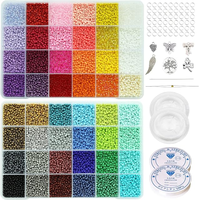 Bala&Fillic Size 3mm 8/0 Glass Seed Beads, 48 Colors in Box About 16800pcs with Elastic String and Beading Needles
