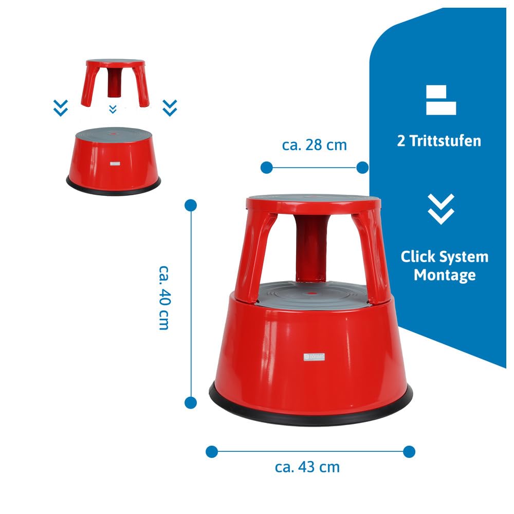 Dönges Tabouret à roulettes, en métal, capacité de charge jusqu'à 150 kg, certifié TÜV & GS pour bureau, commerce et maison, pied d'éléphant, rouge