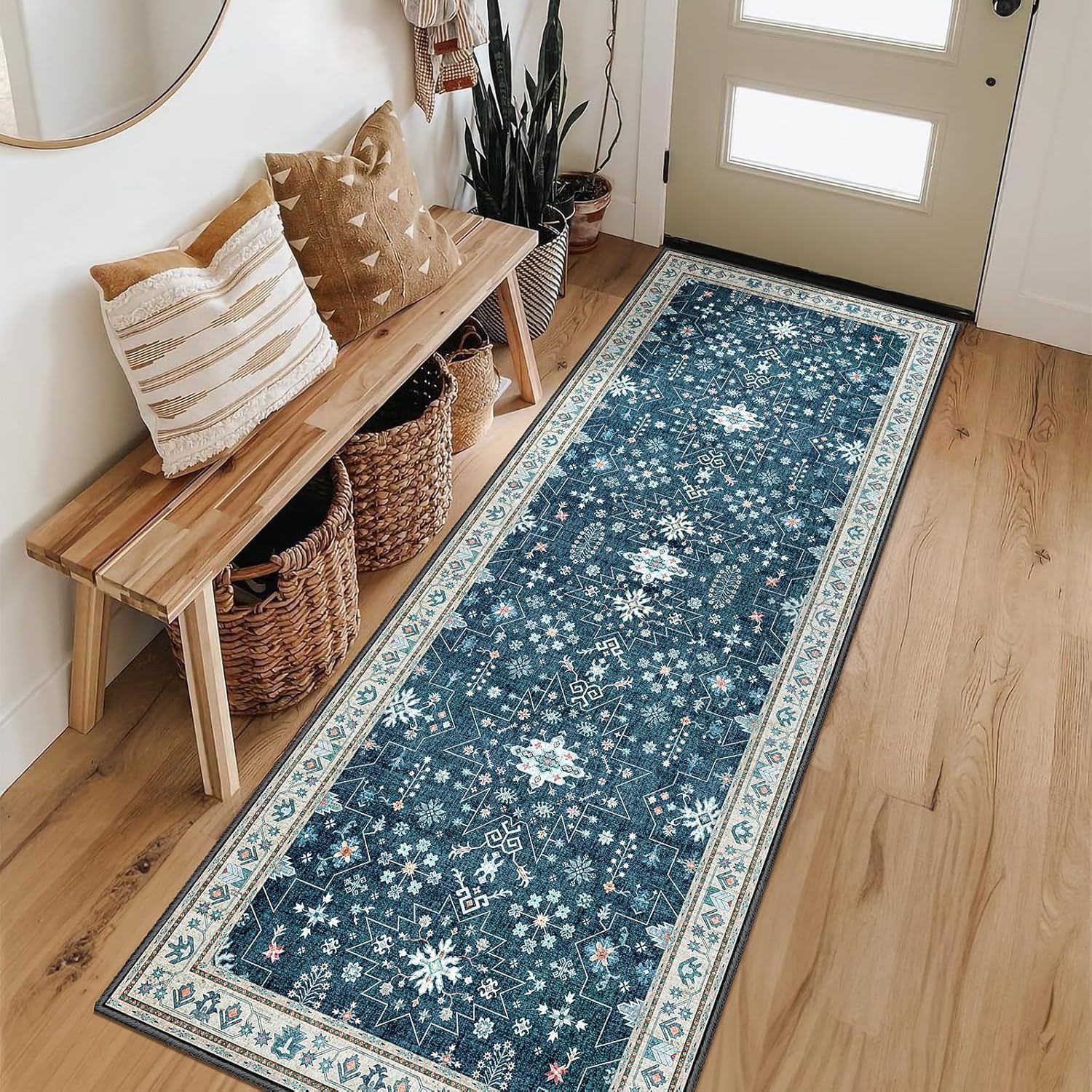MUJOO Washable 2x6 Runner Rug for Kitchen Hallway Bedside Bathroom Laundry Room Bedroom Floor,Long Non Slip Throw Carpet Boho Indoor Mat Vintage Low Pile Blue