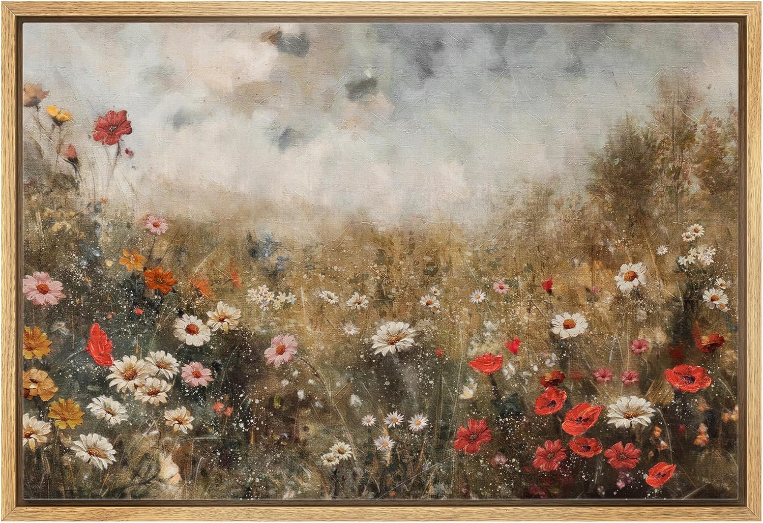 MUDECOR Framed Canvas Print Wall Art Vintage Pastoral Landscape with a Path Rustic Countryside Illustrations Fine Art Decorative Zen Multicolor Country/Farmhouse Retro for Bedroom - 24"x36" Natural