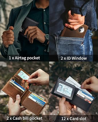 Mens Wallet With AirTag Holder, Bifold Leather RFID Blocking 1-2 ID Windows 12-13 Card Holders, Gift Box and Screen Protector Included, AirTag Not Included