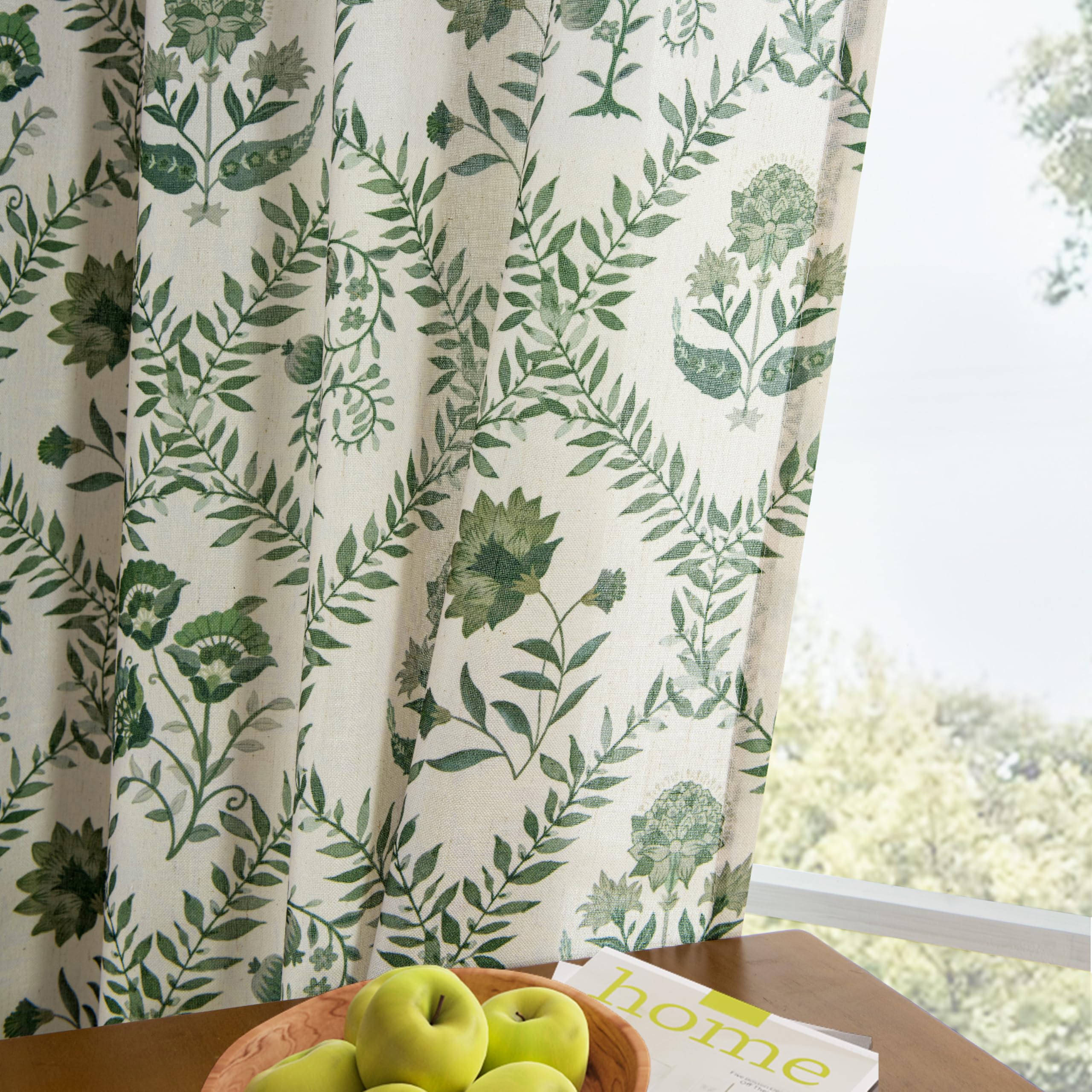 Photo 1 of **ONLY ONE PANEL**Green Floral Linen Spring Curtains for Living Dining Room 96 Inch Length 2 Panels Olive Plant Flower Patterned Printed Curtains Back Tab Semi Sheer Farmhouse French Country Drape for Bedroom 8FT
