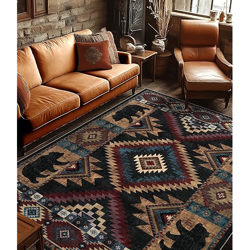 YIHOUSE Rustic Cabin Area Rug for Living Room 8x10,Machine Washable Lodge Bear Rug,Non-Slip Low Pile Print Pattern Western Rug for Bedroom