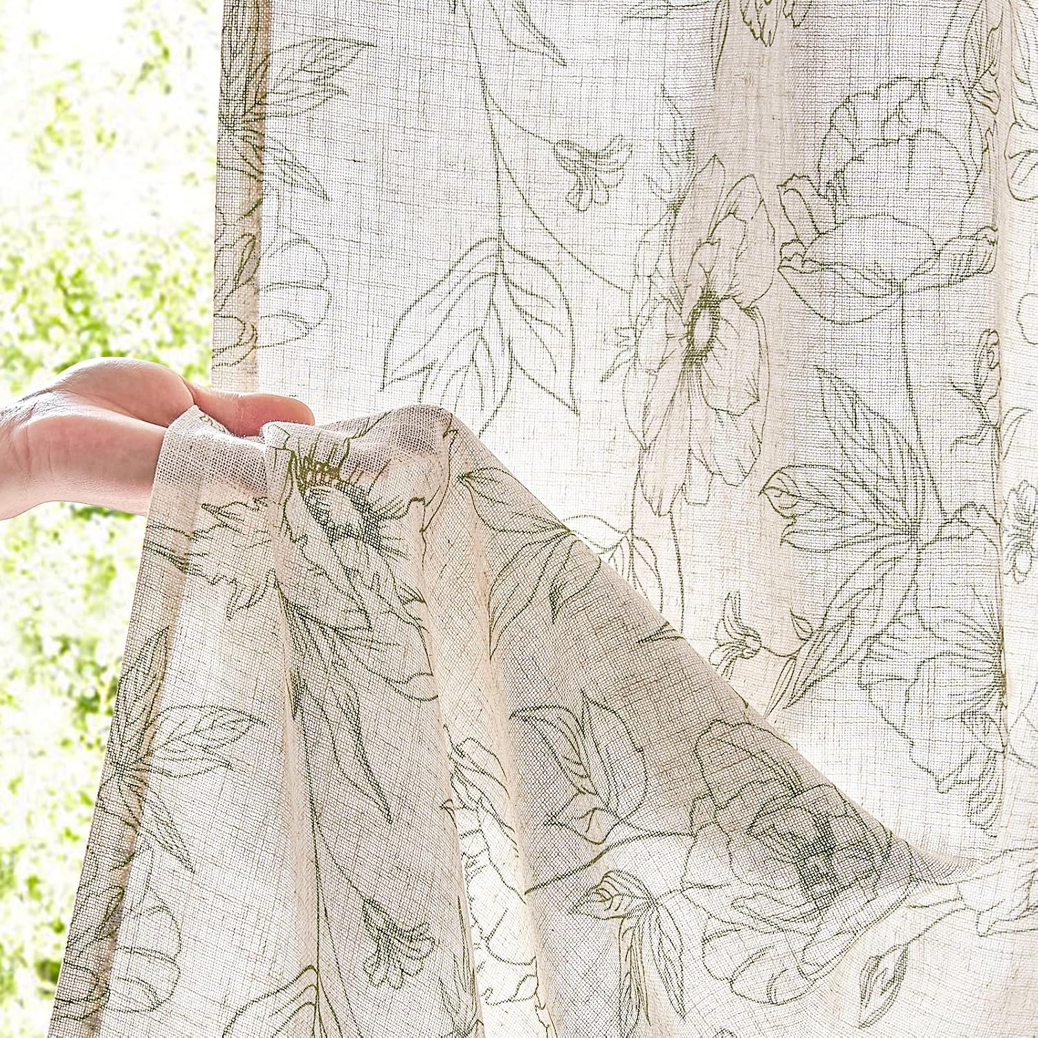 jinchan Floral Linen Curtains for Living Room 84 Inch Length Green Flower Curtain Rod Pocket Back Tab Farmhouse Curtains with Printed Floral Bedroom Window Curtain Set, 2 Panels Green