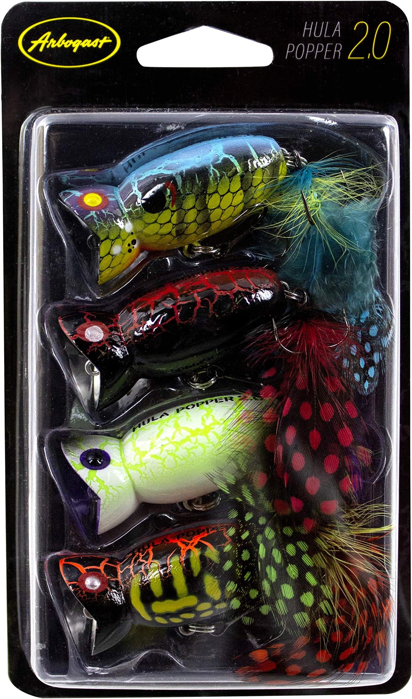 Arbogast Hula Popper 2.0 Topwater Fishing Lure with Feathered Treble Hook and Crackle Pattern Body