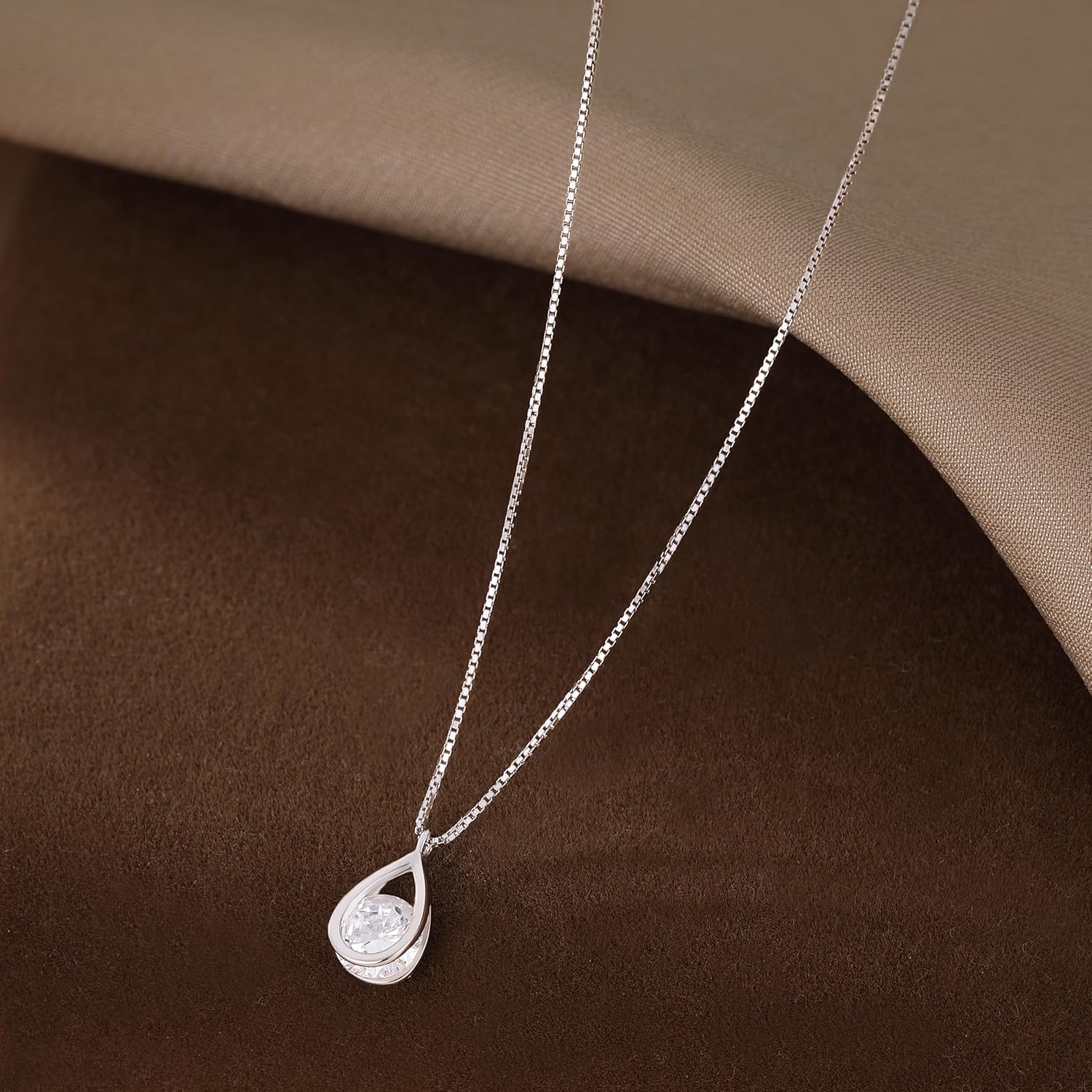 Reffeer Solid 925 Sterling Silver Cubic Zirconia Teardrop Pendant Necklace Chain for Women Teen Girls Sparkling Crystal Choker Necklace - Image 5