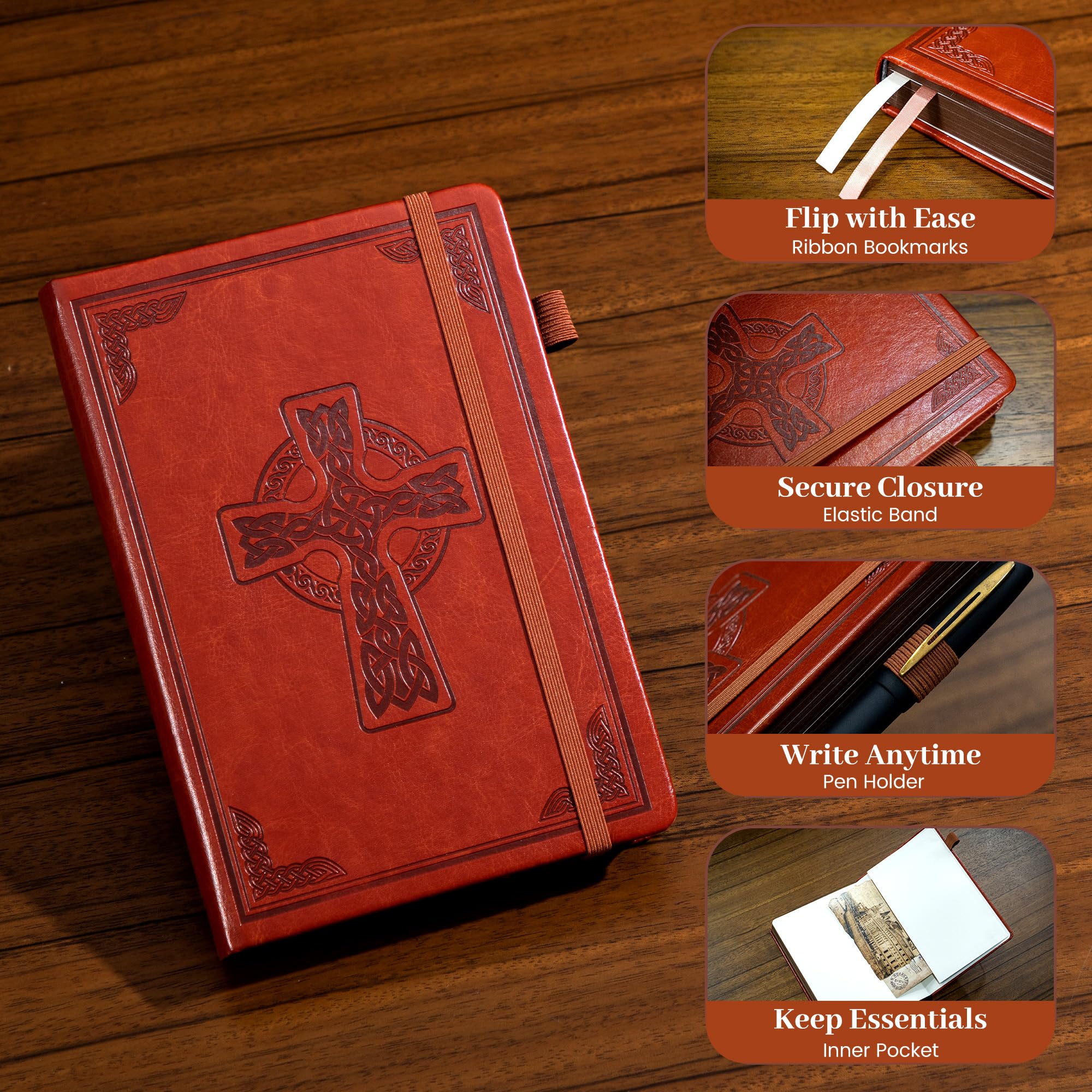 CAGIE Notizbuch mit Lederlinierung für Damen und Herren, geprägtes Kreuz, 320 Seiten, 100 g/m² dickes Papier, A5, Hardcover, Tagebuch, 14 x 21 cm, Rostbraun