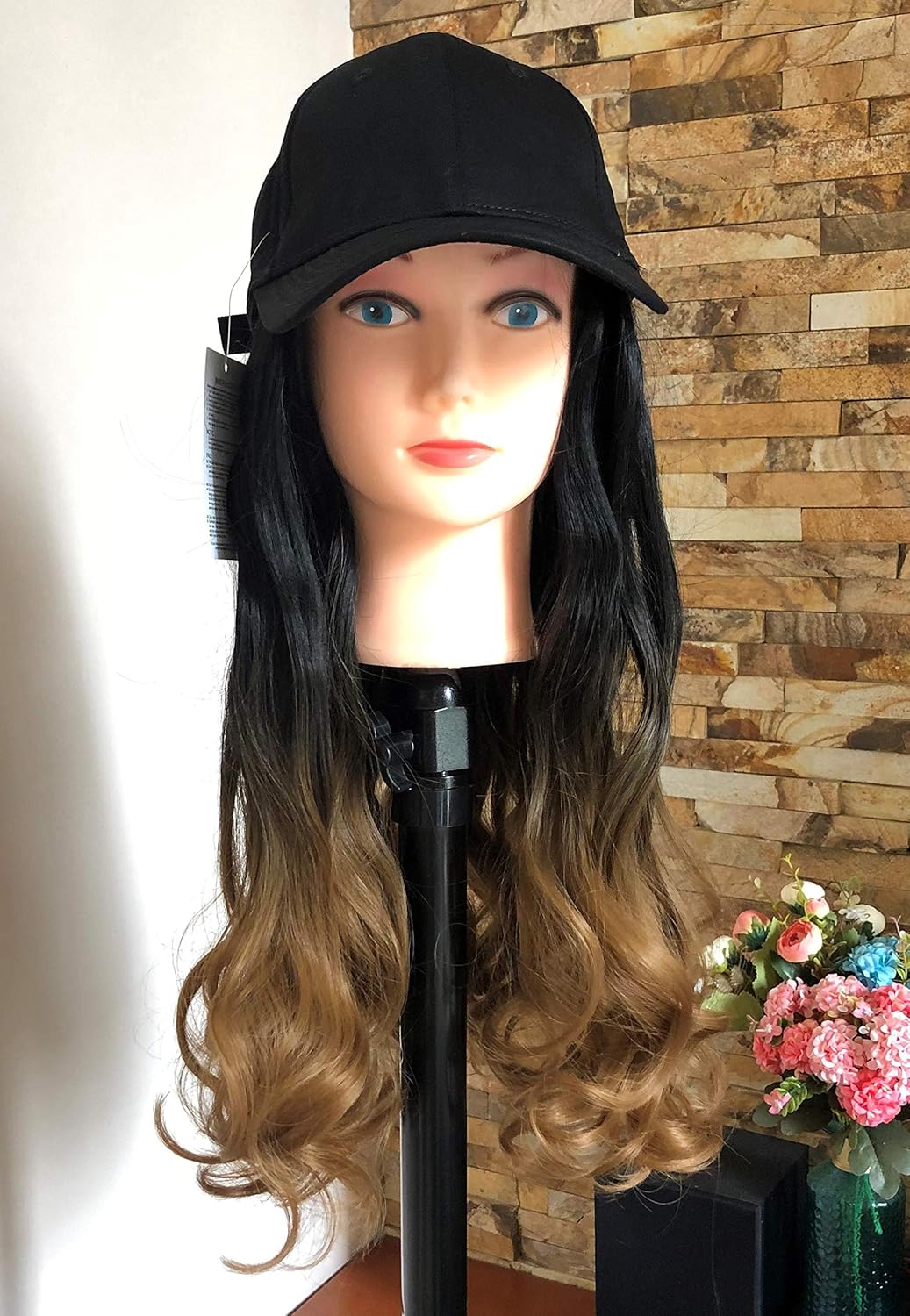 Ladies Full Wig Fall Hair Piece Cap Hat Extensions Ombre Dip dye (Wavy, Black to dark blonde