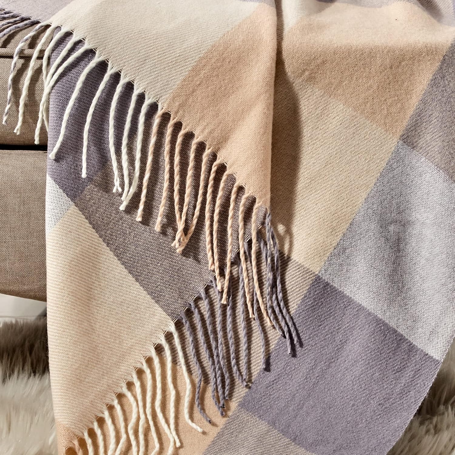 ESCA Plaid Mauve Beige Knitted Throw Blanket for Couch Bed and Sofa 50" W x 60" L