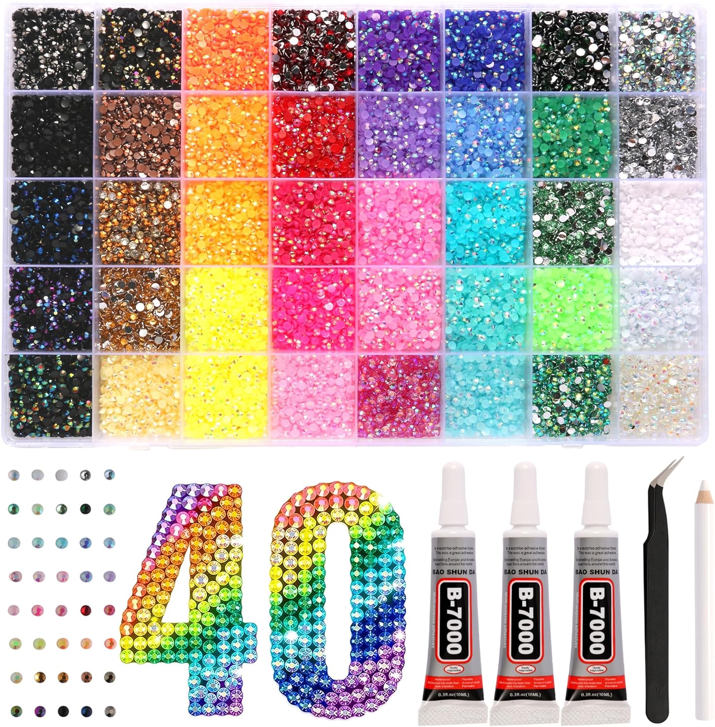 36000+Pcs Rhinestones for Bedazzling, 40 Colors 3mm Multicolor Flat Back Gems Bedazzler Kit with 3Pcs Jewelry Glue and Tweezers for Clothes, Shoes, Nails, Jewelry Making,Makeup,DIY Crafts