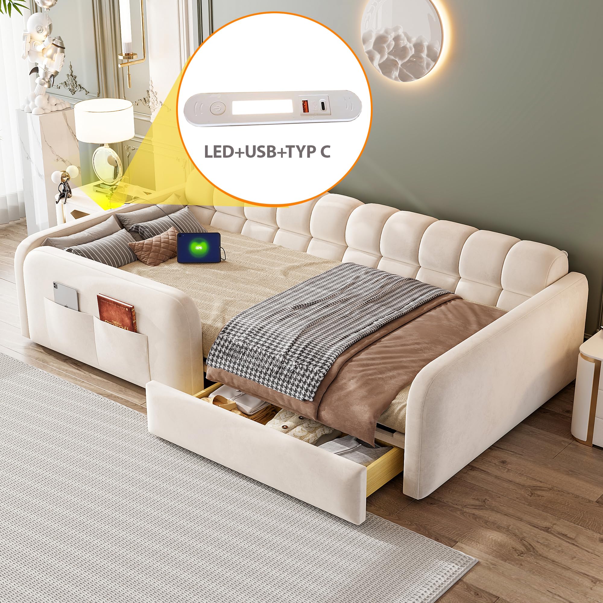 Kinderbett Bodenbett 90x200, Polsterbett Montessori Bett mit Schublade, Nachtlicht und Ladeanschluss, Gitterbett Jugendbett Einzelbett mit Rausfallschutz und Lattenrost, Samt, Ohne Matratze, Beige