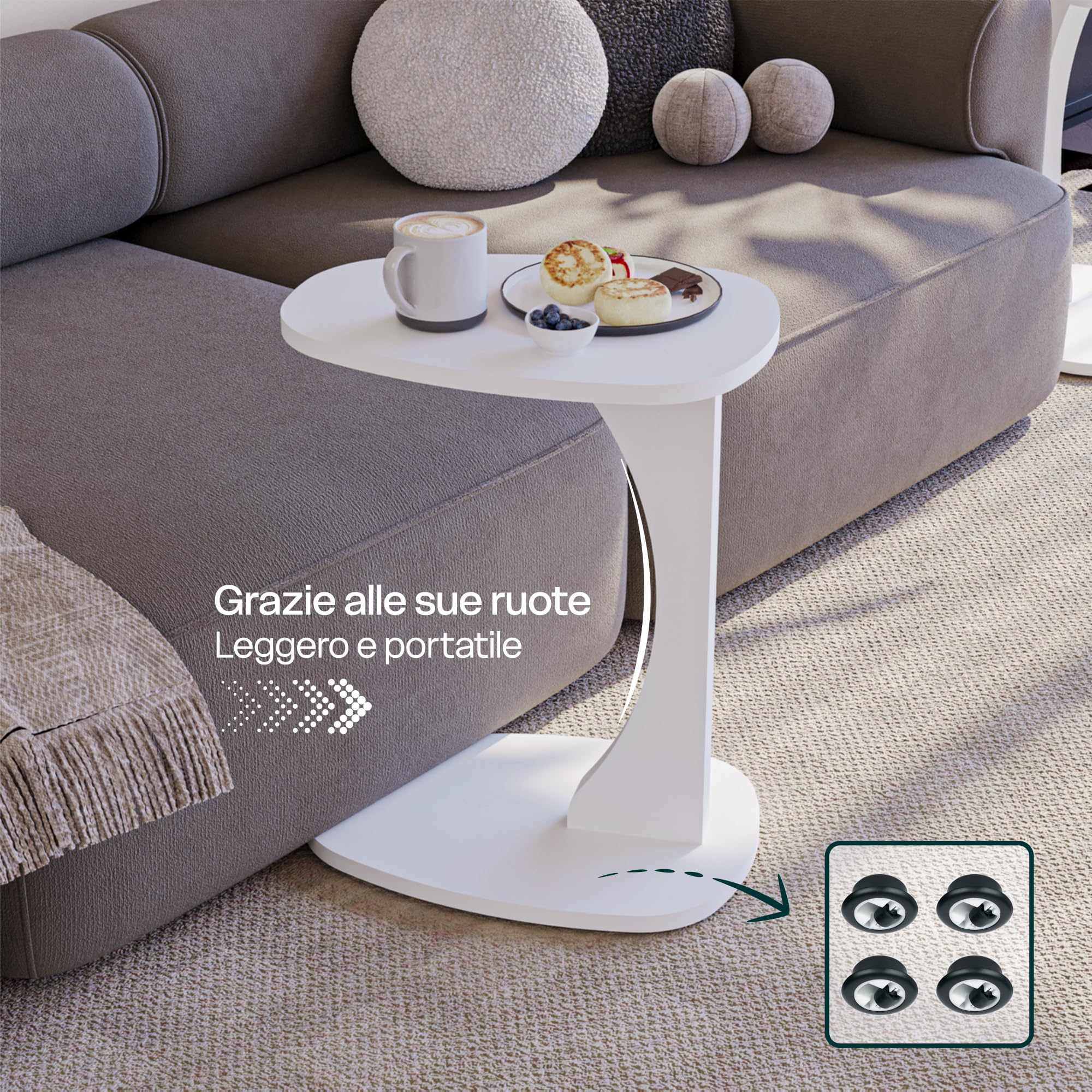 sugodesign Tavolino da salotto con ruote, piccolo tavolino a forma di C in stile bianco, piccolo tavolino da salotto ideale per computer portatili, tazze – Norma
