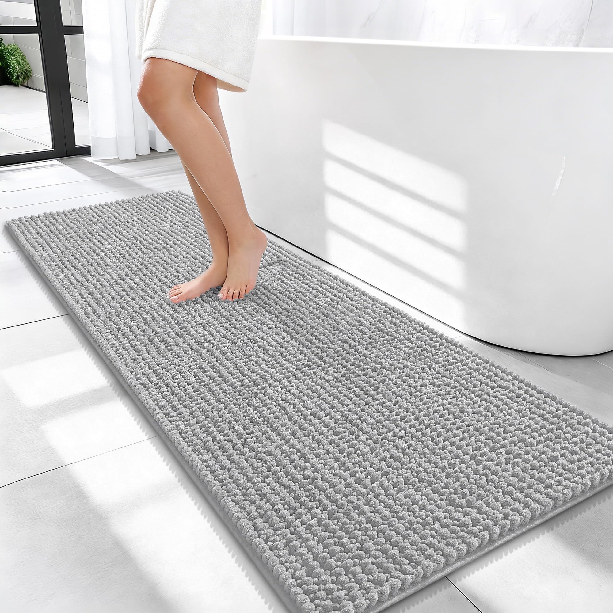 OLANLY Thick Chenille Bathroom Runner Rugs Mats 47x20, Light Grey