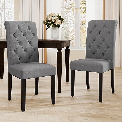 Miniatura 14 de Juego de 4 sillas de comedor tapizadas, sillas de cocina Parsons copetudas con patas de madera maciza, silla auxiliar de tela moderna para