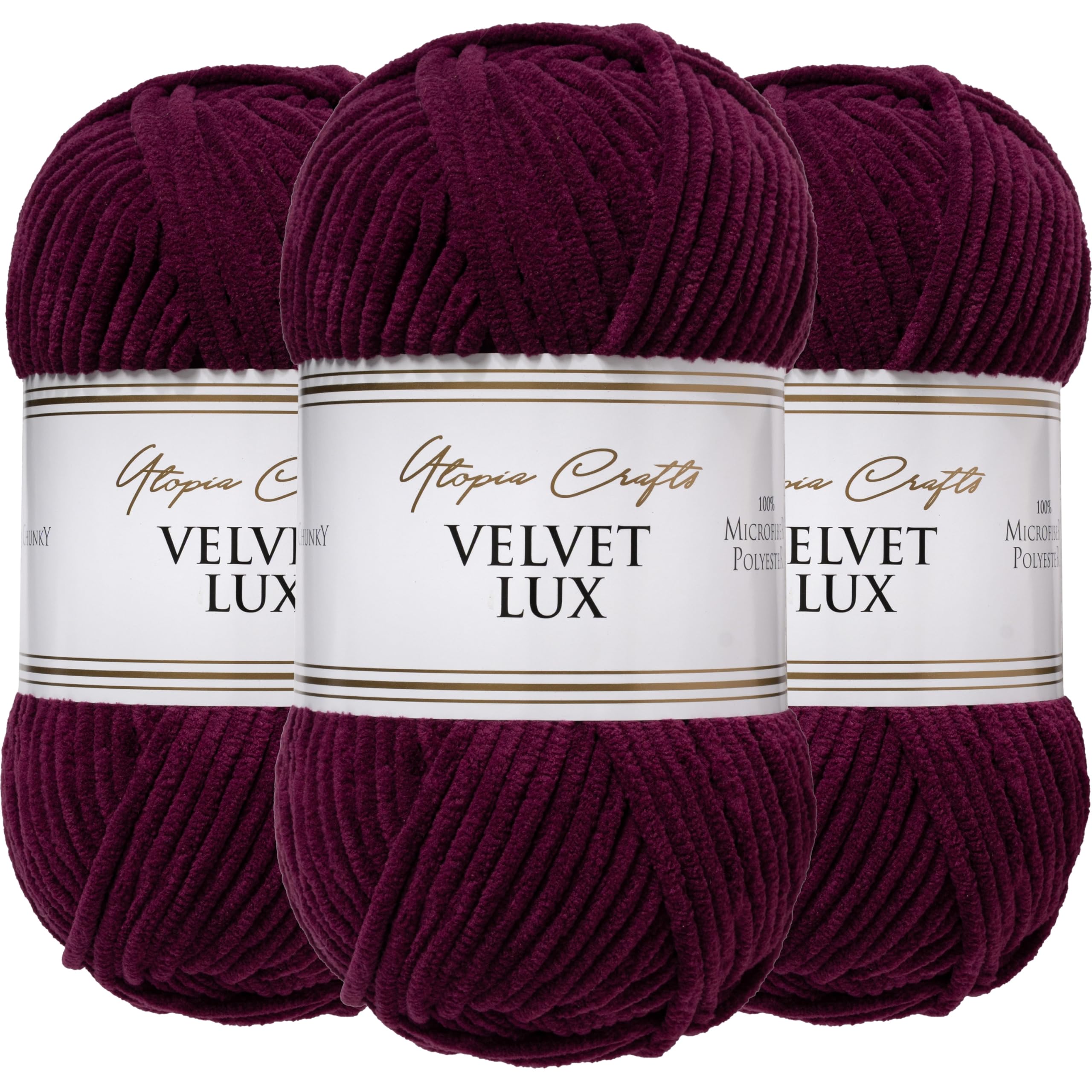 Utopia Crafts Velvet Lux Chenille Super Soft Chunky Yarn for Knitting and Crochet 3X 100g (Deep Burgundy)