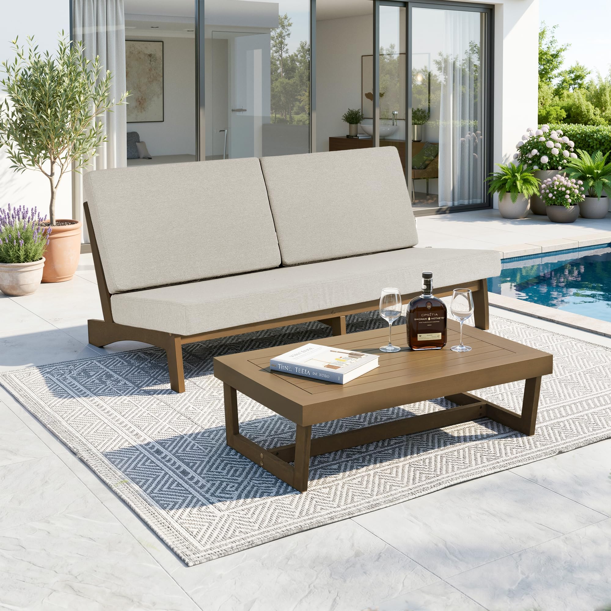 Pia Ricoo 2-Piece Patio Furniture Set, Outdoor Wood Sofa with Coffee Table, 4.5-Inch Thick Cushions, All-Weather Conversation Set for Backyard, Deck, Lawn - Light Camel