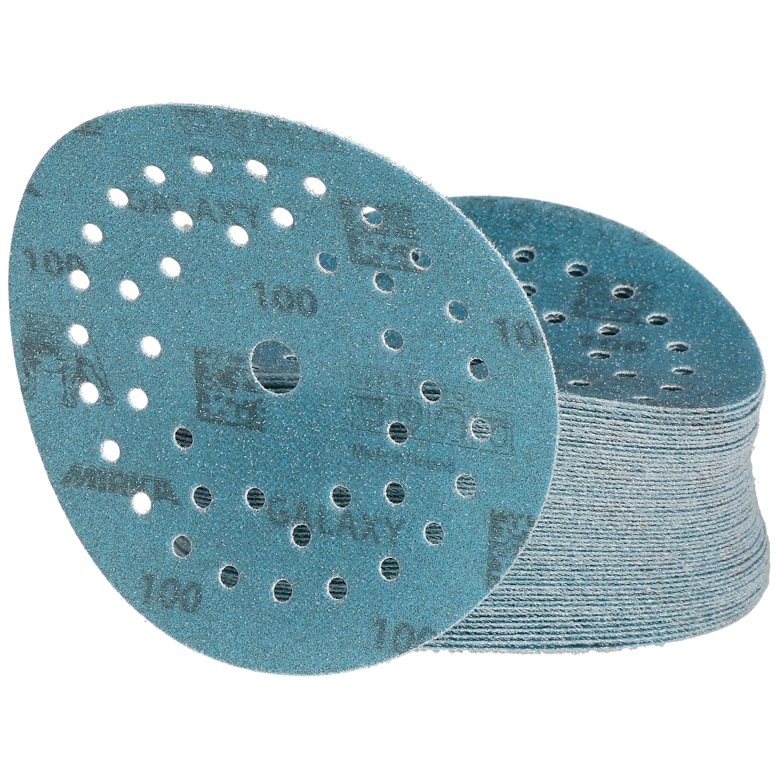 Mirka Galaxy Multifit - Carta abrasiva da 125 mm, grana 100, 50 dischi/confezione, abrasiva di alta qualità per resina epossidica, legno, metallo, non intasamento, tecnologia autoaffilante, ideale per