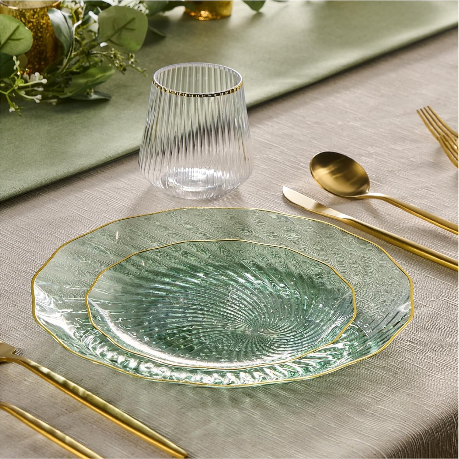 PLASTICPRO 30 Pack Plastic Plate Set of 15-10 inch Plates and 15-7 inch Plates, Elegant Clear Green Spiral and Gold Rim Disposable Fancy Plate Premium Heavyweight - Image 3