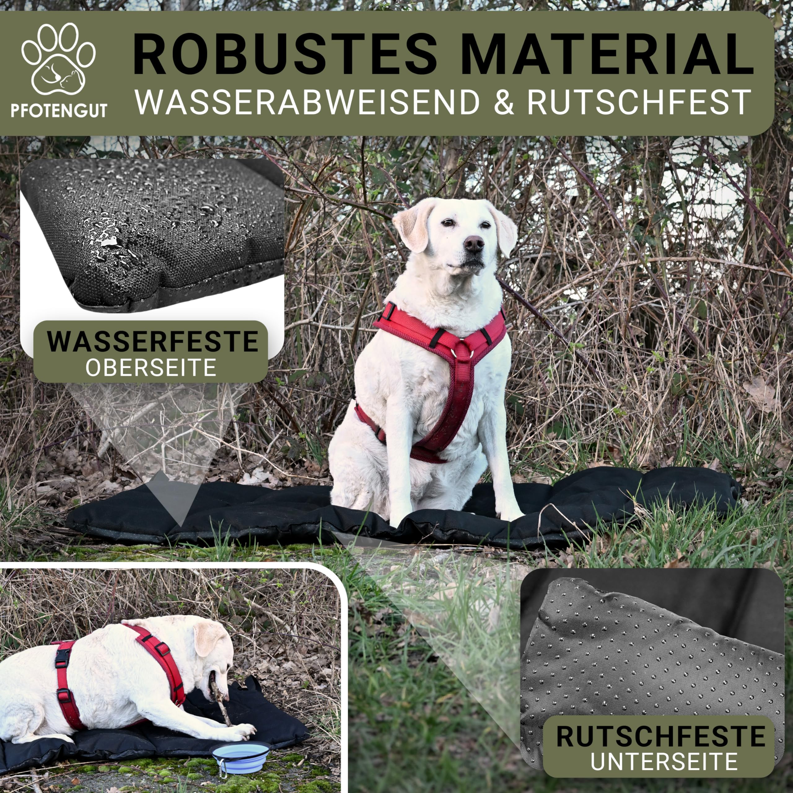 Couverture pour chien pour les déplacements [imperméable et antidérapant] – Tapis doux pour chien d'extérieur [110 x 70 cm] à emporter avec gamelle d'eau pliable avec mousqueton, HD11070