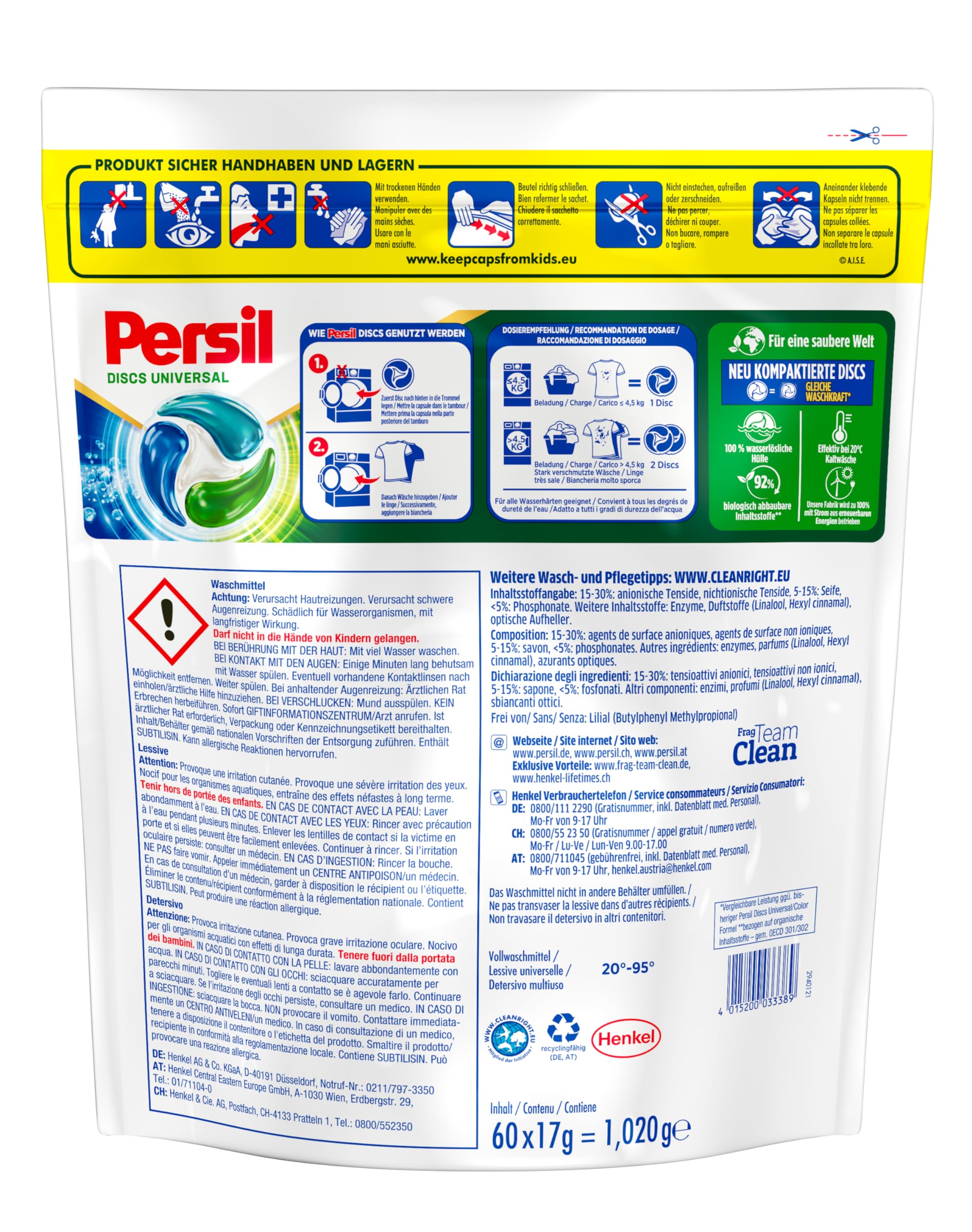 Persil Universal 4 en 1 Discs (60 lavados), detergente universal con tecnología de limpieza profunda, detergente completo para ropa pura y frescura higiénica para la máquina