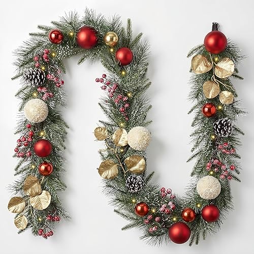 Miniatura 16 de Valery Madelyn - Guirnalda de Navidad de 2,7 m con luces incorporadas para chimenea, guirnalda navideña iluminada para exteriores con bolas rojas,